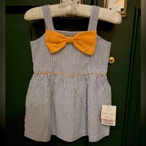 NWT Ruffle Butts Blue and White seersucker Dress  (w/light orange bow)  2T